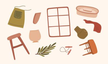 Set of objects related to pottery studio.