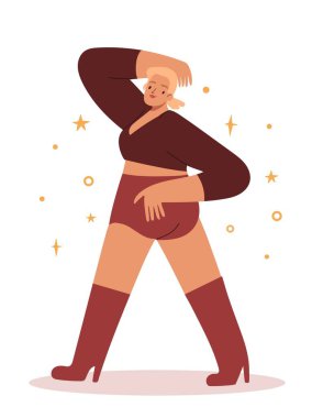 Çekici vücut pozu veren pozitif kadın dansçı. Seksi kıyafetli mutlu kız.