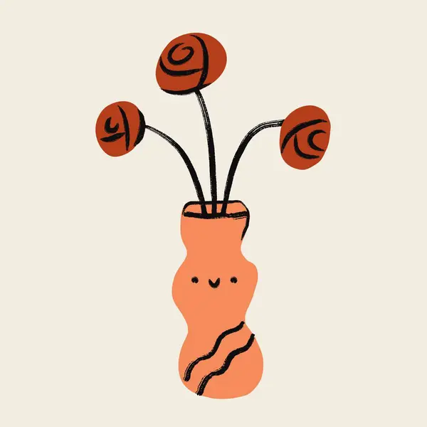 Roztomilá Váza Květinami Kawajským Obličejem Texturované Ručně Kreslené Izolované Kytice Stock Vektory