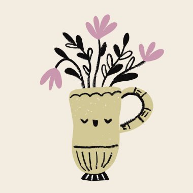 Kakaolu bir tencerede tatlı çiçekler. Dokulu el çizimi izole çiçekler. Vektör illüstrasyonu