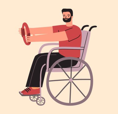Tekerlekli sandalyede pilates yüzüğüyle egzersiz yapan bir adam. Engelli karakter eğitimi izole edildi. Vektör el çizimi resimleme
