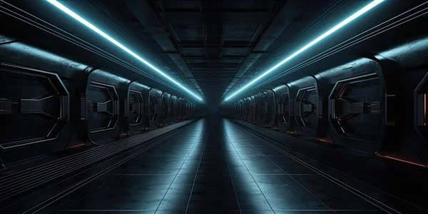Panel Duvarlarında Neon Işığı Olan Gerçekçi Bilim Kurgu Karanlık Koridoru — Stok fotoğraf