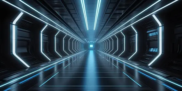 Panel duvarlarında neon ışığı olan gerçekçi bilim kurgu karanlık koridoru. Grunge metal duvarları olan gelecekten gelen bir tünel. İç mekan. Modern fütüristik salon. Uzay gemisinde boş bir koridor. Üretici yapay zeka.