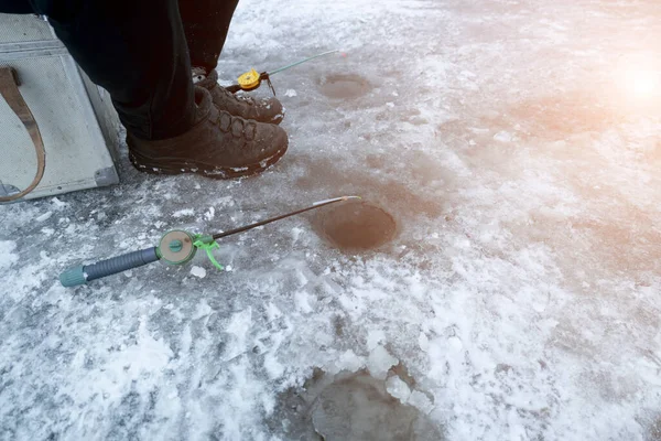 Fishing Rods Lie Ice Ice Hole Winter Fishing Frozen Lake — Fotografia de Stock