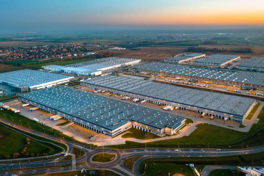 Aerial view of the logistics center in the evening
