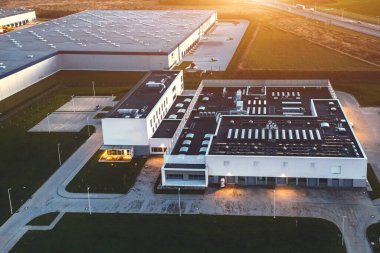 Aerial view of the logistics center in the evening