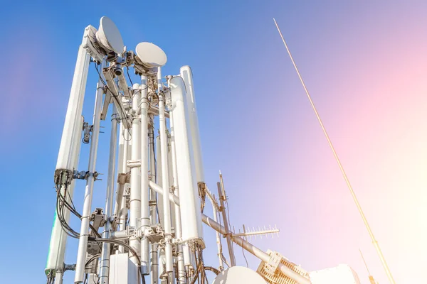 Gsm Antennas High Tower Blue Sky Antennas Cellular Communication Close 图库图片