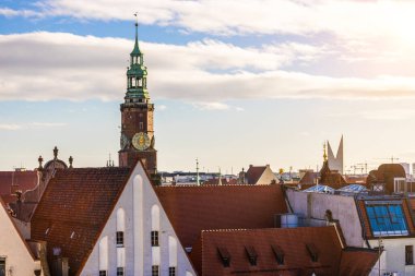 Panorama of Wroclaw, view of colorful rooftops of old townhouses, historical buildings on the market square, Wroclaw, Poland