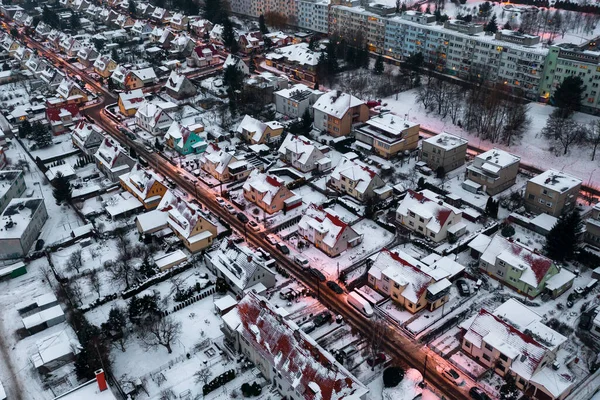 Зимняя Сцена Сверху Заснеженные Крыши Домов Улиц — стоковое фото