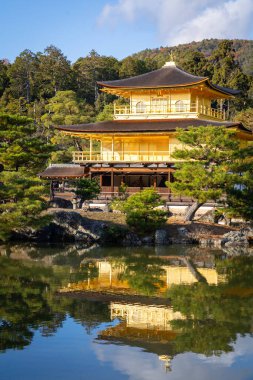 Japonya 'nın Kyoto şehrinde sonbahar mevsiminde Japon bahçesiyle çevrili Kinkakuji Tapınağı' nın Altın Pavyonu.