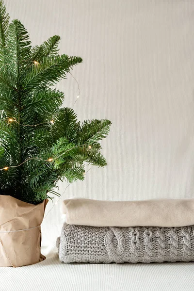 Abeto Natal Minimalista Árvore Abeto Uma Pilha Suéteres Aconchegantes Inverno — Fotografia de Stock