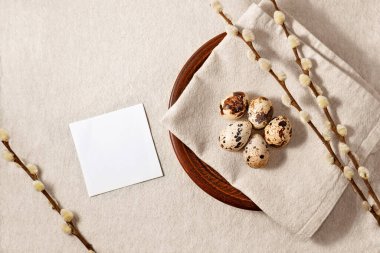 Holiday Easter aesthetic template. Blank paper card, quail eggs and pussy willow branches on a plate on neutral beige background, stylish rustic composition with copy space
