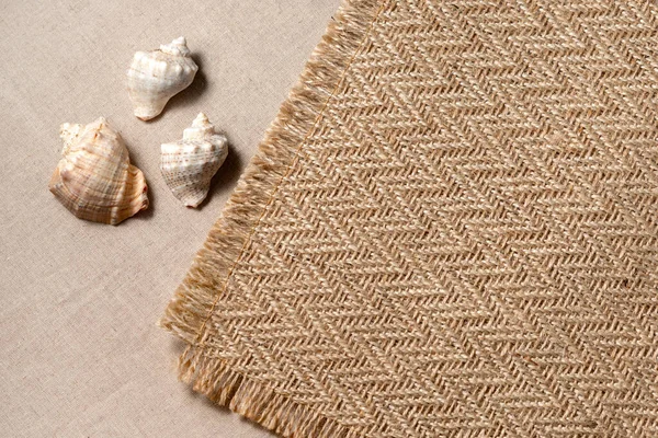 Minimal aesthetic neutral summer vacation concept with sea shells and jute rug on a beige background, copy space