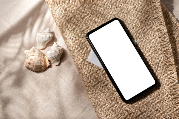 Mobile Phone Blank Screen Sea Shells Beige Background Aesthetic Business — Stock Photo, Image