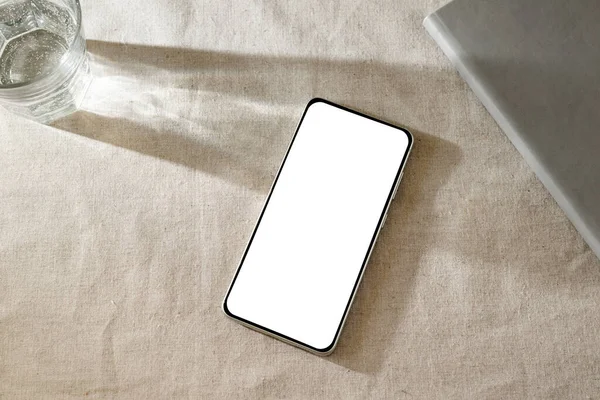 Minimalist Classic Business Mock Mobile Phone White Empty Screen Beige — Stock Photo, Image