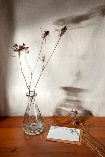 Flores Prado Secas Vaso Vidro Cartão Papel Branco Uma Mesa — Fotografia de Stock
