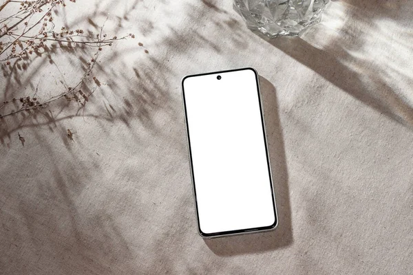 Mobile Phone Blank Screen Mock Neutral Beige Linen Background Aesthetic — Stock Photo, Image