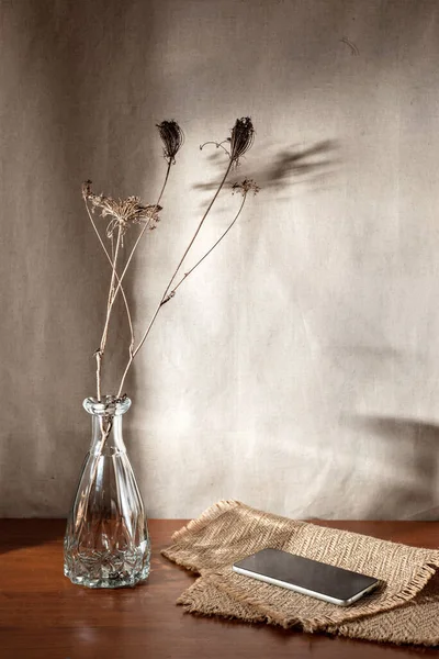 ガラス花瓶のドライな草原の花 テーブルの上の携帯電話 中性ベージュの壁に審美的な太陽の花の影 ミニマリスト現代的なインテリアデザインコンセプト ビジネスブランドテンプレート — ストック写真