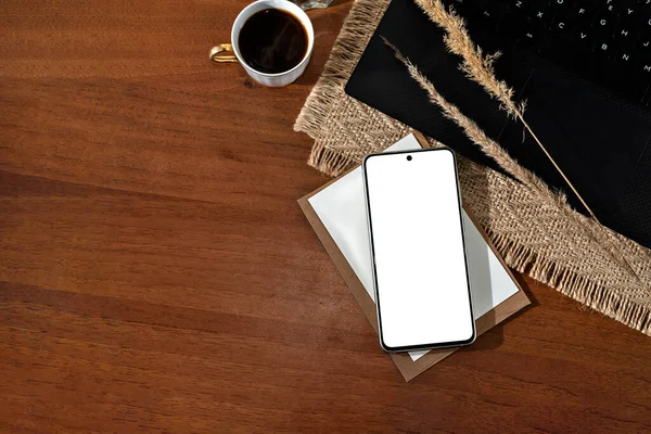 Mobile Phone Empty Screen Mockup Laptop Cup Coffee Wooden Table — Stock Photo, Image