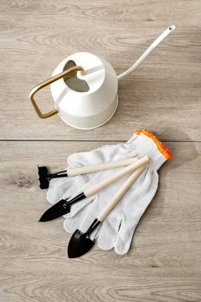 Indoor Gardening Hand Tools Set Watering Can Small Spades Rake — Stock Photo, Image
