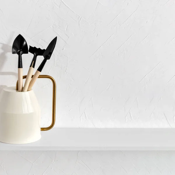 Minimalist aesthetic indoor gardening, houseplants care and growing, florist work concept, watering can with spades and rake on a white background, copy space