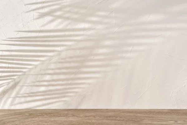 Tarafsız bej duvar zemininde estetik palmiye yapraklı güneş ışığı gölgeleri ve ahşap döşeme, boş oda iç tasarım düzeni, fotokopi alanı ile taklit edilmiş bir reklam şablonu.