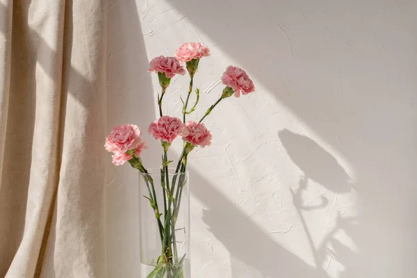 Carnation Flowers Bouquet Vase Neutral Beige Empty Wall Linen Curtain — Stock Photo, Image