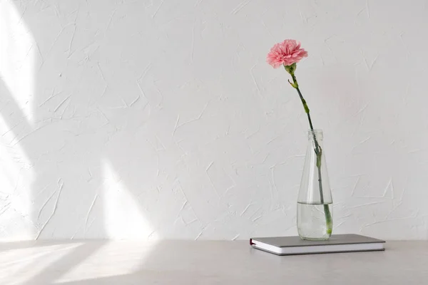 中性ベージュのテーブルトップに花瓶のエレガントなカーネーションの花 コピースペース 持続可能な家のインテリア装飾と空の白い壁の背景に幾何学的な太陽の光日陰 — ストック写真