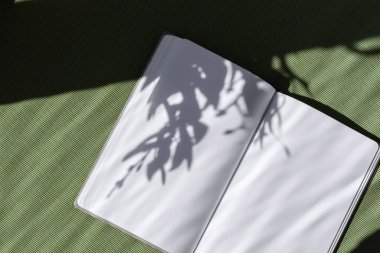 Boş kağıt çarşaflı açık defter çiçek estetik güneş ışığı gölgesi, yazar blogu, marka şablonu, düz kopya alanı içeren yeşil bir arkaplan oluşturur.