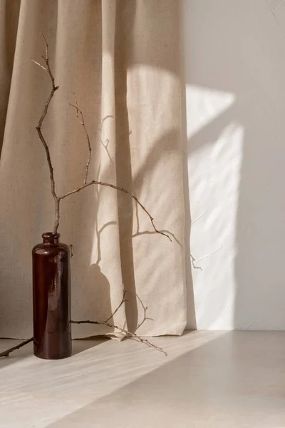 太陽の影と審美的なミニマリストの静物画 ベージュのテーブルの上に木の枝を持つ花瓶 エレガントなホームデザインのインテリア装飾 — ストック写真