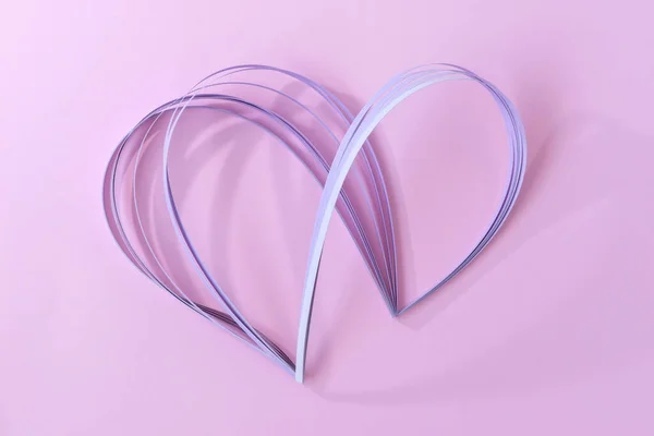 Creative abstract styled love concept, curve flexible wave lines in a heart shape, purple and pink pastel candy background, banner. Valentines day, wedding, engagement greeting holiday card template