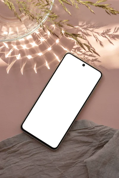 Blank Smartphone Screen Mockup Linen Textile Glass Vase Meadow Grass — Stock Photo, Image