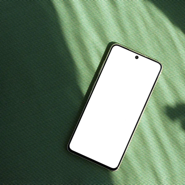 Smartphone Empty Screen Mockup Green Background Abstract Sun Light Shadows — Stock Photo, Image