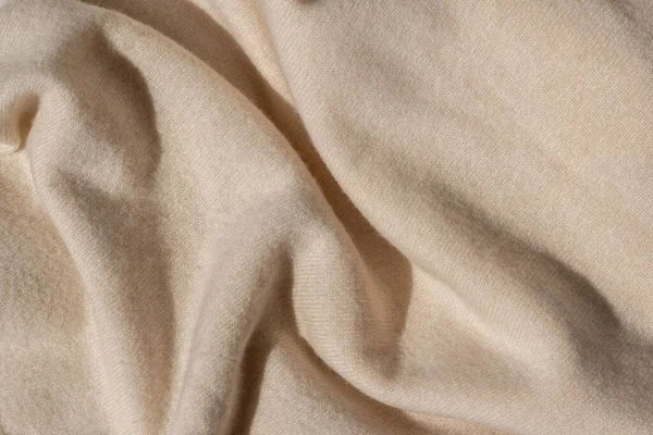 Soft Knitted Woolen Jersey Fabric Background Messy Crumpled Neutral Beige — Stock Photo, Image