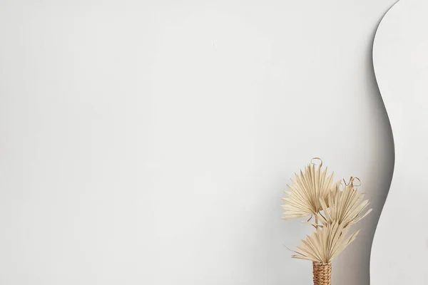 美感简约的企业品牌模板 空中性白墙质感与干燥的棕榈叶在花瓶和弯曲的镜子 中空清晰的内部背景 复制空间 — 图库照片