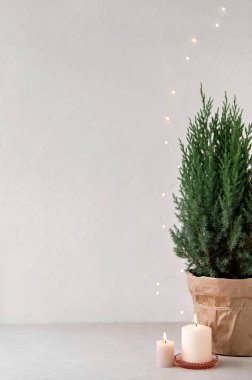 Asgari beyaz nötr Noel arkaplanı. Boş beyaz duvar, tencerede ardıç ve mum ışıkları olan bej masa..
