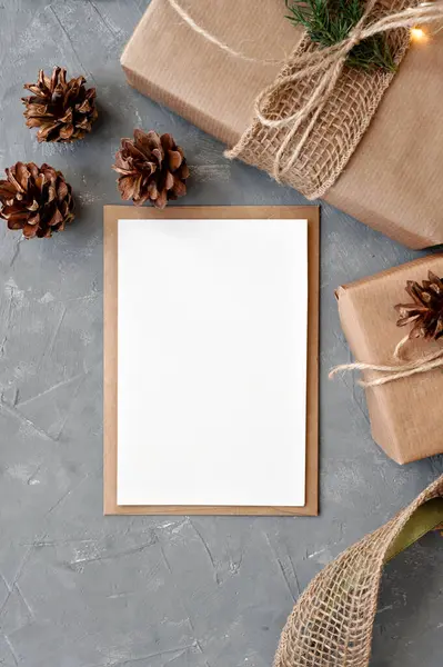 Christmas Postcard Template Rustic Style Blank Paper Card Mock Envelope — Stock Photo, Image