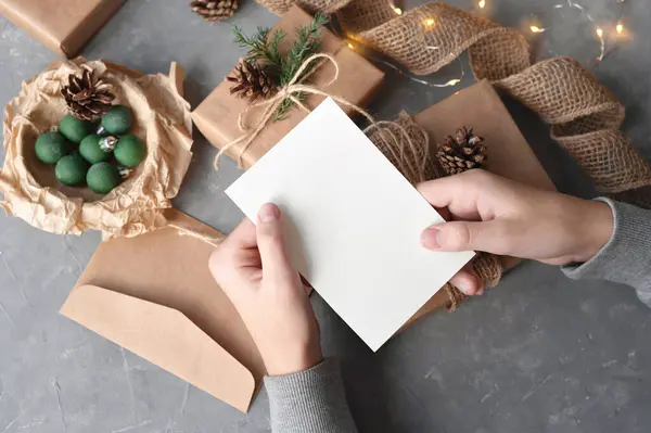 Blank Paper White Card Mock Hands Present Boxes Envelope Garland — Stock Photo, Image