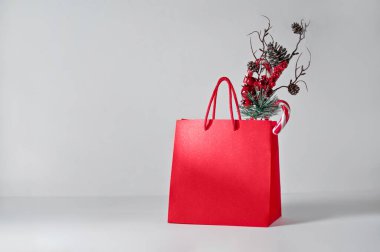 Süslü çam ağacı dalı ve şeker kamışı kaplı kırmızı parlak alışveriş torbası. Tarafsız açık gri arka planda, gölgeli. Noel ya da yeni yıl alışverişi, fotokopi alanı olan satış şablonu.