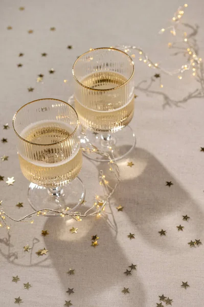 Aesthetic New Year Festive Background Glasses Sparkling Wine Neutral Beige — Stock Photo, Image