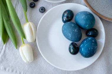 Mavi doğal paskalya yumurtaları ve beyaz lale çiçekleriyle bej bej masa örtüsü, düz masa örtüsü, üst manzara, yumuşak seçici odak.