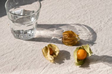 Sağlıklı beslenme, diyet ve detoks konsepti, vitamin antioksidan besin, bitki üzümü ve cam, masada bej keten masa örtüsü ve estetik güneş ışığı gölgeleri olan su..