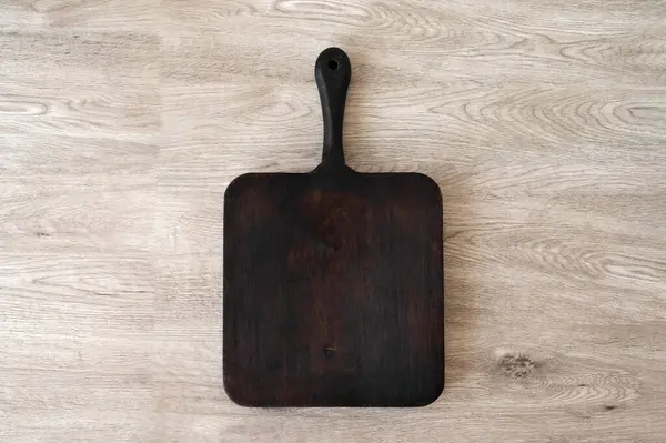 Leere Dunkelbraune Holztafel Auf Beigem Tisch Flache Lage Natürliches Küchengetränk — Stockfoto