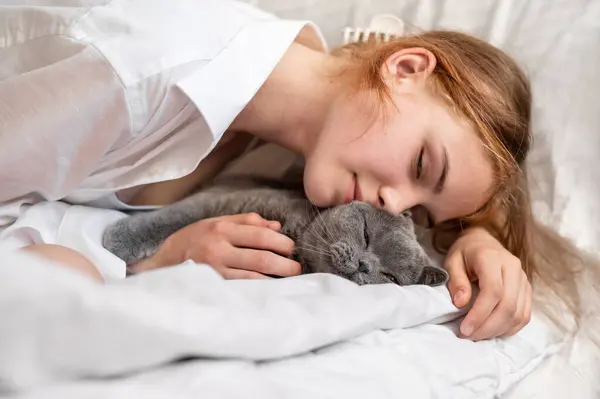 Gri kediyi kucaklayan ve öpen güzel genç kız, yatağa uzan, çocuk ve evcil hayvan bakımı ve aşk.