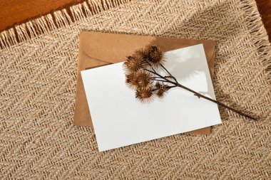 Boş kağıt maketi, kahverengi el yapımı zarf, sıcak bej renkli halı zemininde kurutulmuş çayır çimeni, estetik bohem kartpostal veya düğün davetiyesi tasarımı şablonu..