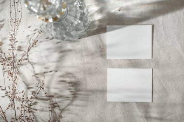 Tarafsız gri bej masa arkaplanının üzerinde soyut güneş ışığı gölgeleri ve kopyalama alanı olan şablonlar olan iki boş kağıt kart..