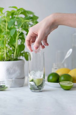 Bardağa limon, nane ve şekerle buz koymak, mojito kokteyli hazırlama süreci, yaz için taze bir içecek hazırlamak..