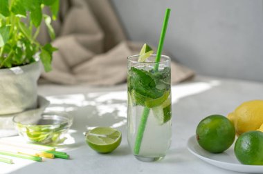 Yaz turunçgilleri ferahlatıcı içecek, yeşil limon ve limon, nane şekeri, beyaz masa arkasında mojito kokteyli bardağı ve estetik güneş ışığı gölgeleri..