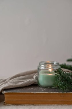 Estetik konforlu ev iç tasarımı natürmort, eski klasik kitap loş ışıklı yeşil mum, keten kumaş, tarafsız gri bej duvar arka planında köknar ağacı dalı.