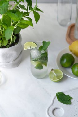 Mutfak masasında mojito kokteyli, naneli, limonlu ve buzlu taze yaz içeceği, ev hayatı tarzı..